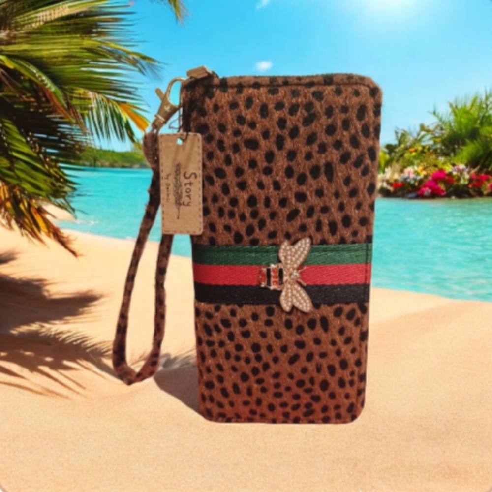 Women's Luxury Designer Cheetah Print Faux Fur Zip Around Wristlet Wallet